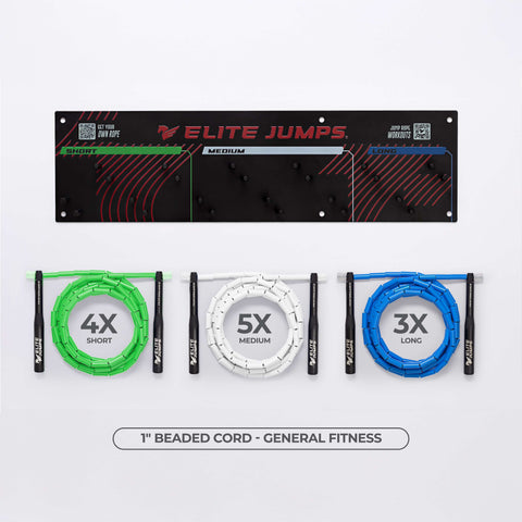 Gym Pack - Jump Rope Set & Wall Rack Accessory Elite Jumps 3 Sizes (S/M/L) 1" Beaded Rope